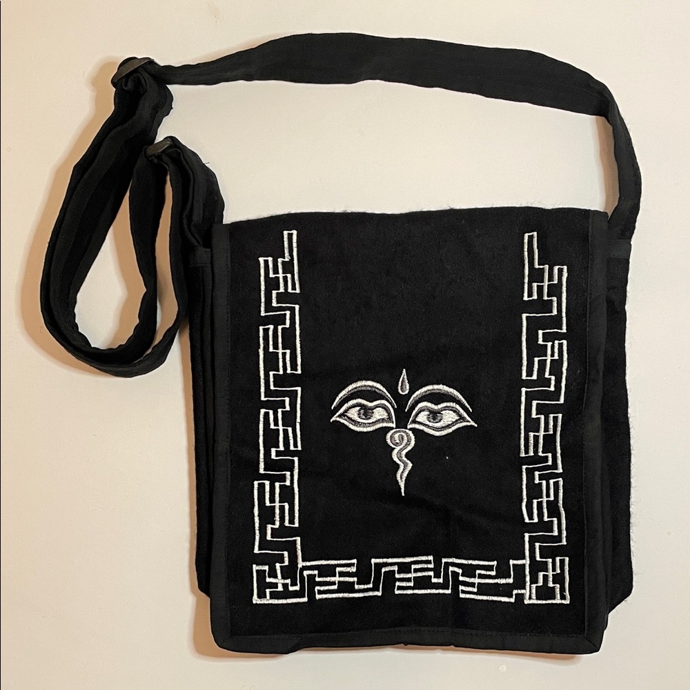 Black Buddha Eye Embroidery Crossbody Messenger Bag Goth Boho Indie Mystical Y2K